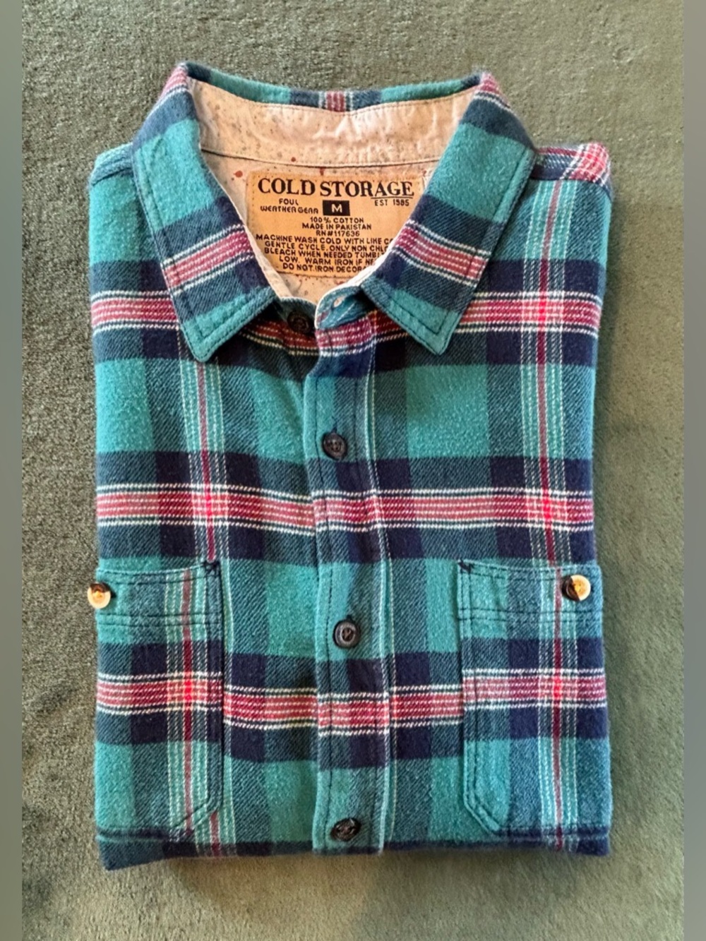 Cold Storage Teal & Navy Plaid Flannel Shirt, Size: M. (6361)